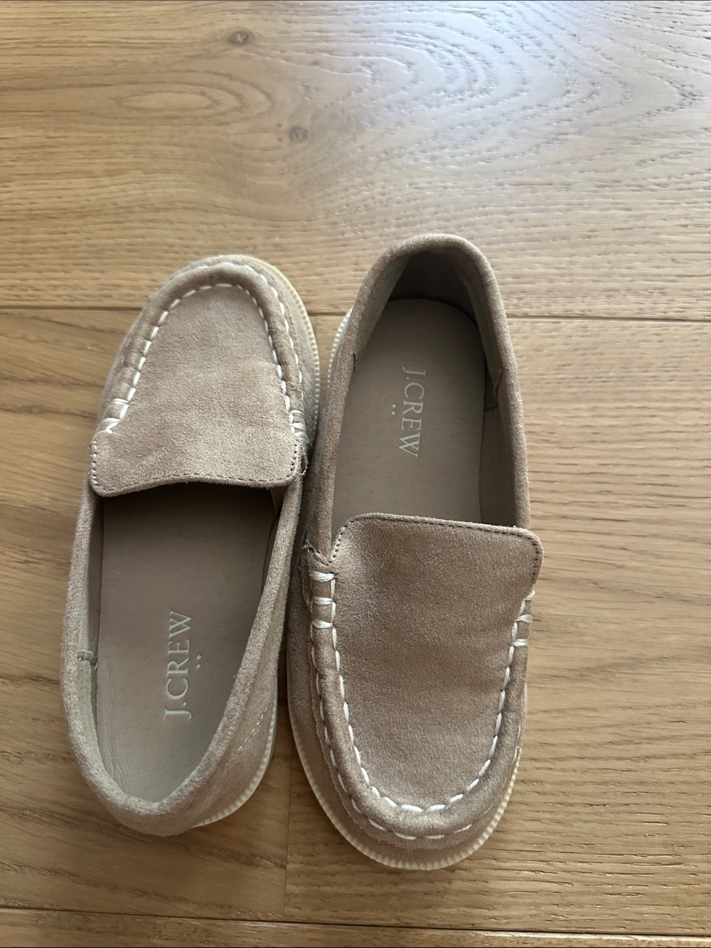 J. Crew Suede Loafers in Light Beige with White Stitching